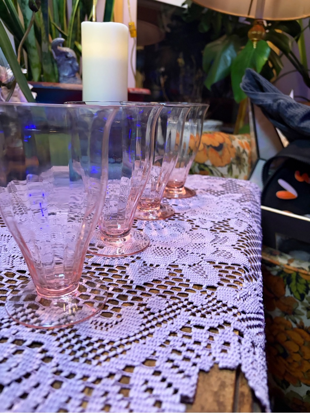 Vintage 1930s Pink Depression Glass Paneled Optic Footed Tumblers Set of 5 GLOWs